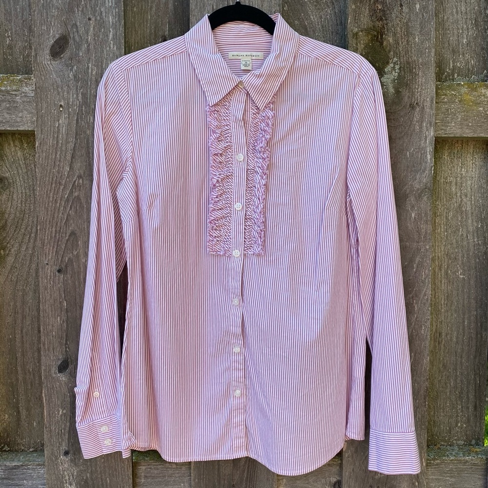 Striped tuxedo ruffle front button down shirt